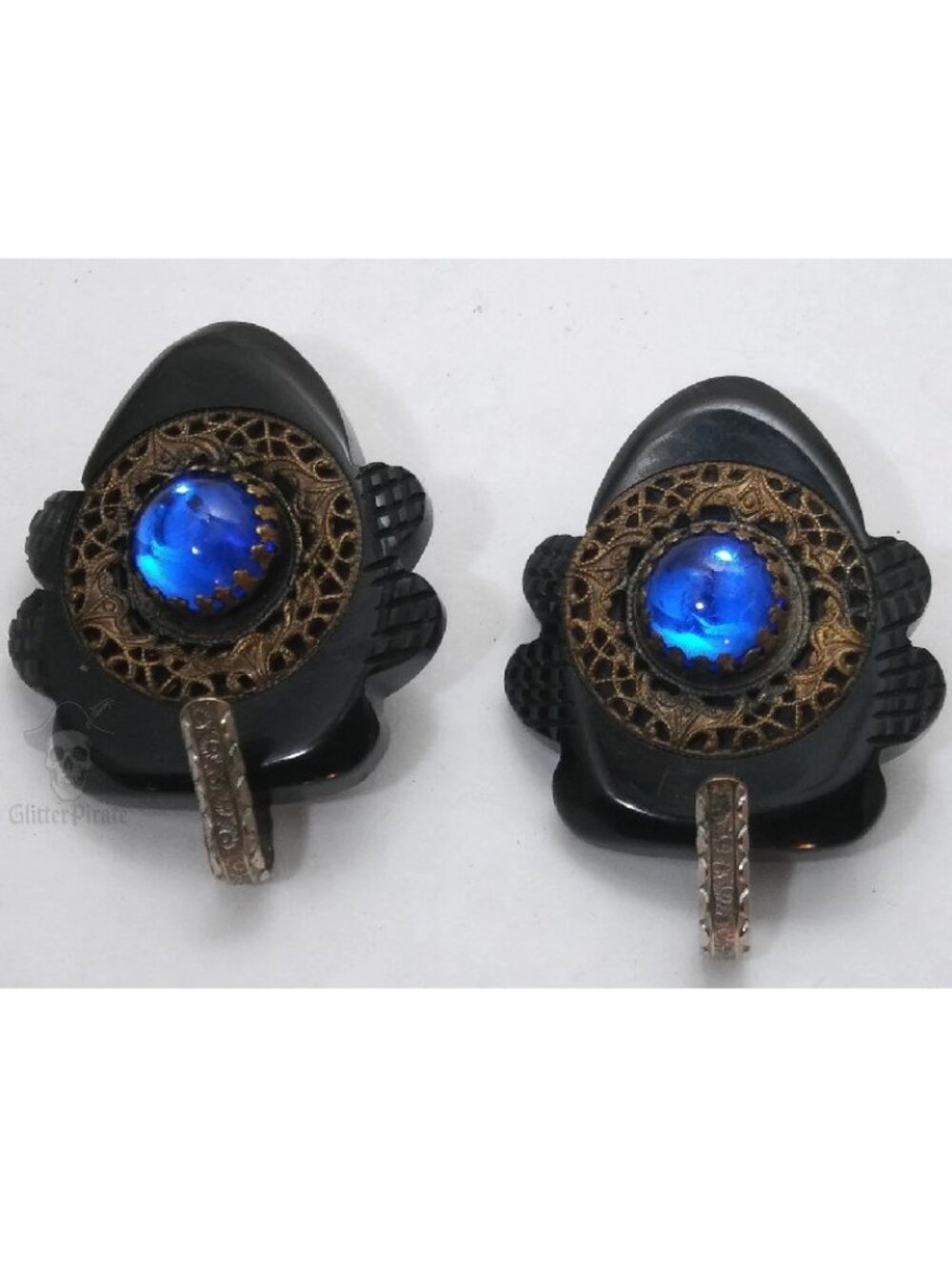 Antique 1930s Carved Bakelite & Cobalt Glass Mourning Style Cape Clasp | Pair